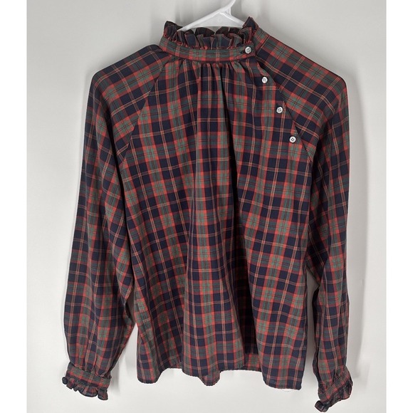 Levi Strauss & Co. Tops - Vtg 70s Levi Strauss Blouse Womens Sz 10 Tartan Plaid High Neck Puff Sleeve Twee